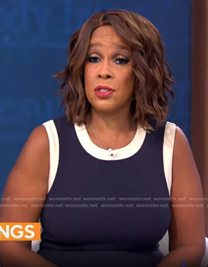 Gayle King's navy dress with white trim on CBS Mornings