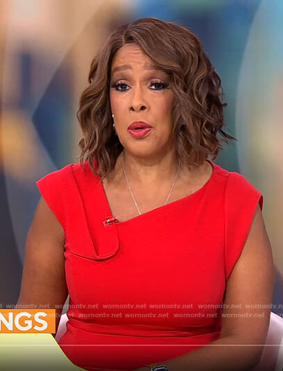 Gayle’s red asymmetric neck dress on CBS Mornings