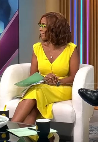 Gayle’s yellow buttoned v-neck dress on CBS Mornings