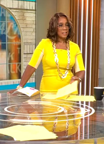 Gayle King's yellow and white colorblock dress on CBS Mornings