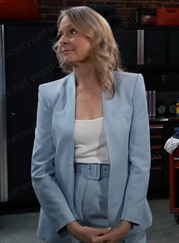 Glady's blue lapelless blazer and belted pants on General Hospital