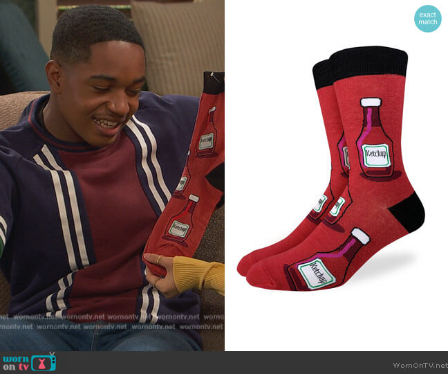 Good Luck Sock Men's King Size Ketchup Socks worn by Booker Baxter (Issac Ryan Brown) on Ravens Home