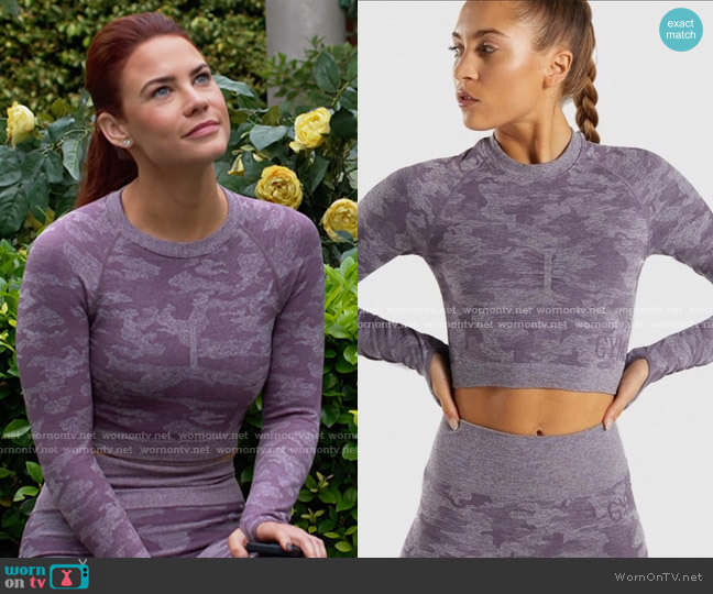 Gymshark Adapt Camo Seamless Long Sleeve Crop Top worn by Sally Spectra (Courtney Hope) on The Young and the Restless