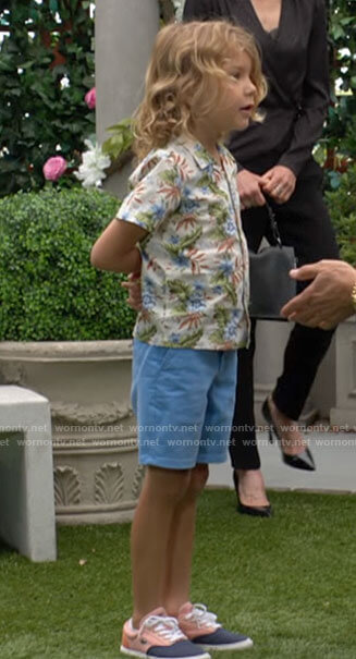 Harrison's floral shirt and blue shorts on The Young and the Restless