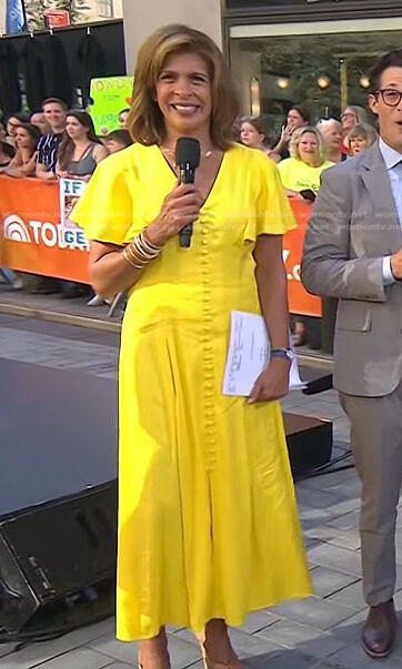 Hoda’s yellow button front flutter sleeve dress on Today