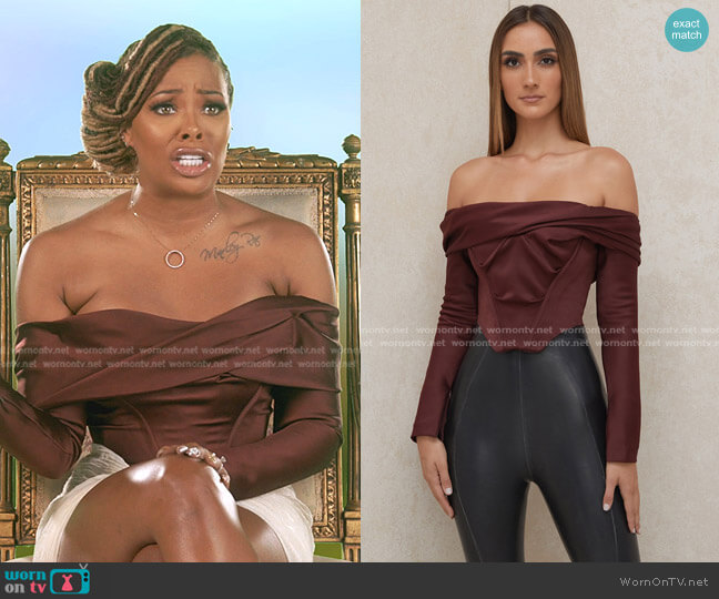 Morgan Raisin Satin Off Shoulder Draped Corset by House of CB worn by Eva Marcille Sterling on The Real Housewives Ultimate Girls Trip