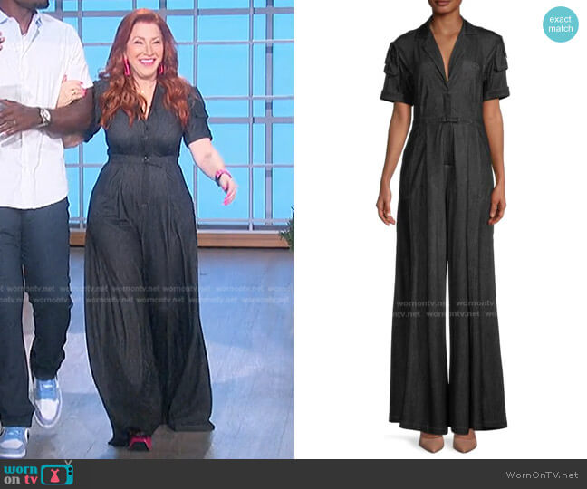 Wide-Leg Denim Jumpsuits by In Earnest by Byron Lars worn by Lisa Ann Walter on The Talk