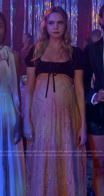 Imogen's velvet star gown and gold mary jane heels at the dance on Pretty Little Liars Original Sin