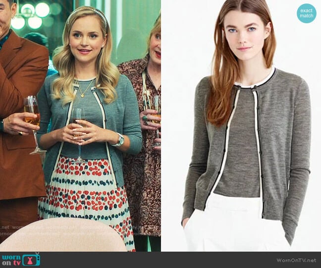 J.Crew Tipped Jackie Shell and Cardigan worn by Ainsley (Stephanie Styles) on Loot