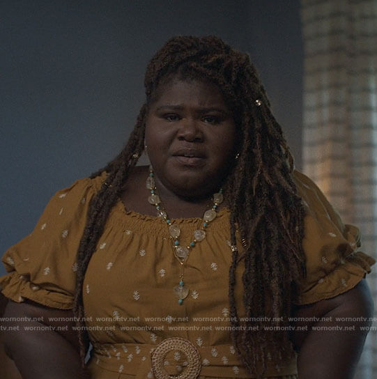 Jaslyn's mustard embroidered dress on American Horror Stories