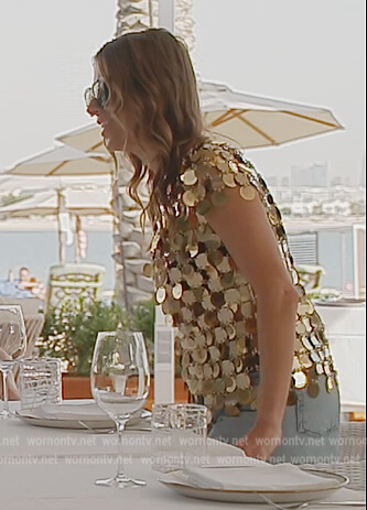 Juliet Angus's gold chainmail sequin top on The Real Housewives of Dubai
