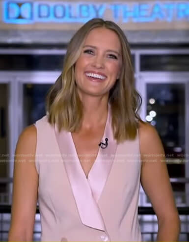 Kayna Whitworth’s pink sleeveless tuxedo romper on Good Morning America
