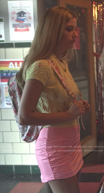 Karen’s yellow floral embroidered sweater top on Pretty Little Liars Original Sin