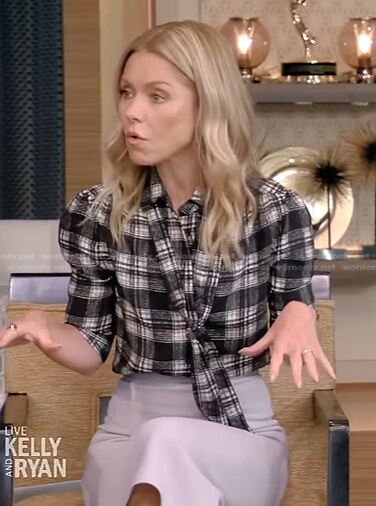 Kelly's black plaid blouse and grey pencil skirt on Live with Kelly and Ryan