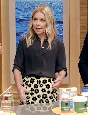 Kelly’s black satin blouse and floral skirt on Live with Kelly and Ryan