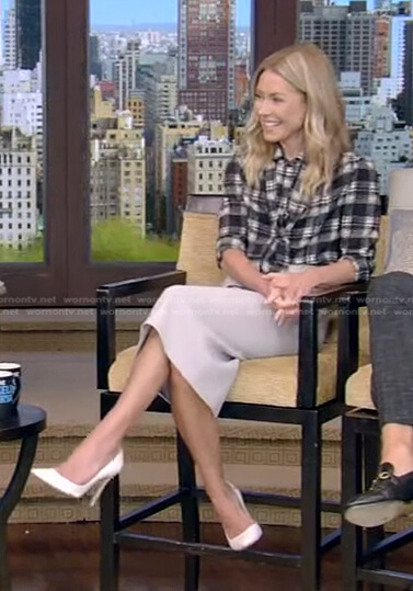 Kelly’s black plaid blouse and grey pencil skirt on Live with Kelly and Ryan