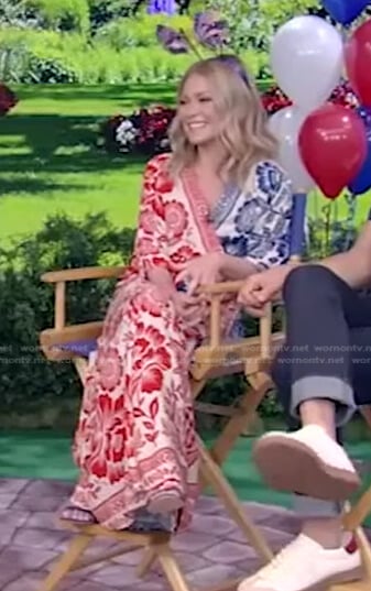 Kelly's red and blue floral wrap dress on Live with Kelly and Ryan