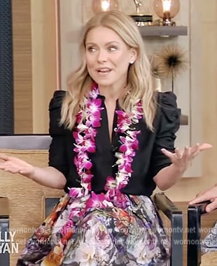 Kelly’s black puff sleeve blouse and metallic skirt on Live with Kelly and Ryan