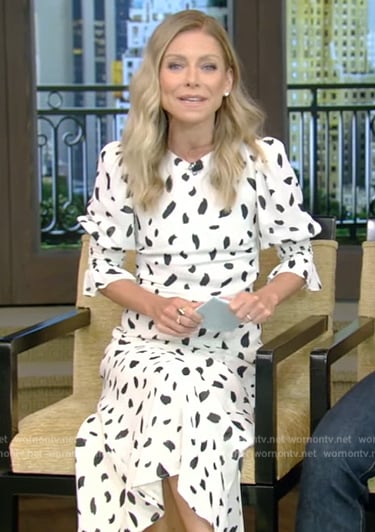 Kelly’s white printed midi dress on Live with Kelly and Ryan