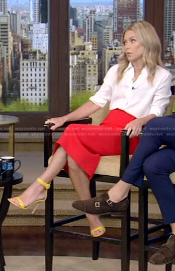 Kelly’s white blouse and red pencil skirt on Live with Kelly and Ryan