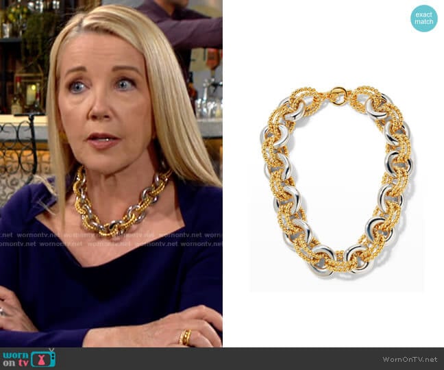 Kenneth Jay Lane Gold and Silver Link Necklace worn by Nikki Reed Newman (Melody Thomas-Scott) on The Young and the Restless