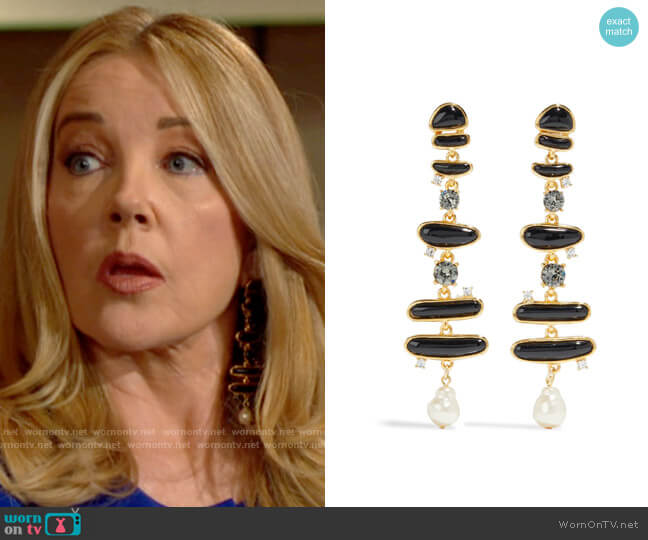 Kenneth Jay Lane Gold-tone crystal, pearl and resin earrings worn by Nikki Reed Newman (Melody Thomas-Scott) on The Young and the Restless