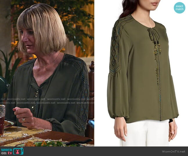 Kobi Halperin Maeve Blouse in Military Green worn by Maria (Kerri Kenney) on Maggie