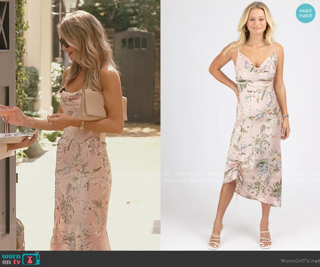 L'Abeye Pink Tropical Satin Side Ruched Midi Dress worn by Naomie Olindo on Southern Charm
