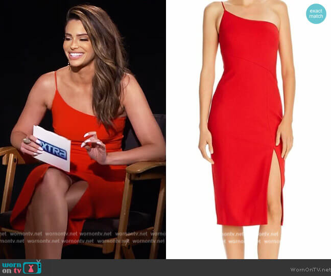 Red Cassidy One-Shoulder Midi Bodycon Sheath Dress by Likely worn by Jennifer Lahmer on Extra