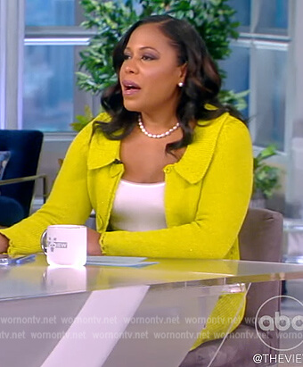 Lindsey Granger's lime scalloped cardigan and skirt on The View