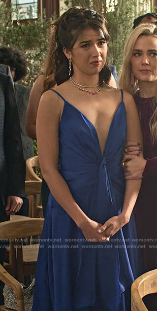 Louise’s blue wedding guest dress on Maggie