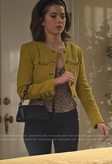 Louise’s yellow cropped tweed jacket and leopard print top on Maggie