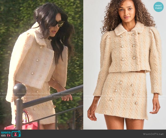 Mews Cropped Jacket and Gibson Skirt by LoveShackFancy worn by Crystal Kung Minkoff on The Real Housewives of Beverly Hills