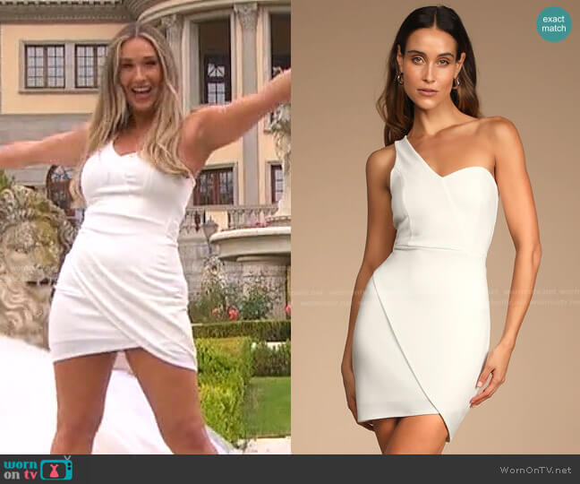 Lulus Get Gorgeous White One-Shoulder Faux-Wrap Bodycon Mini Dress worn by Rachel Recchia on The Bachelorette