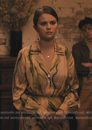 Mabel's mustard marble print blouse and skirt on Only Murders in the Building