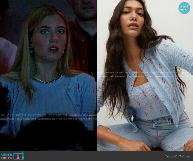 Mango Flowers Knit Cardigan worn by Kelly Beasley (Mallory Bechtel) on Pretty Little Liars Original Sin