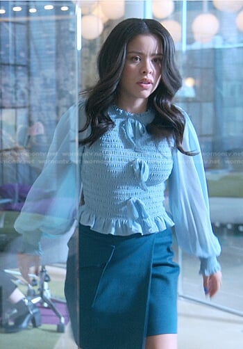 Mariana’s blue smocked top with bows on Good Trouble