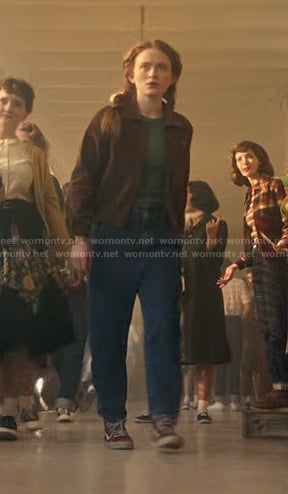 Max's green striped top and brown corduroy jacket on Stranger Things