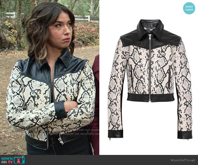 McQ Alexander McQueen Cropped Smooth and Snake-effect Leather Jacket worn by Louise (Nichole Sakura) on Maggie
