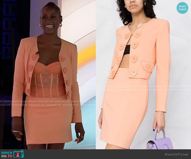 Moschino Heart-Buttons V-Neck Fitted Jacket and Skirt worn by Issa Rae on Today