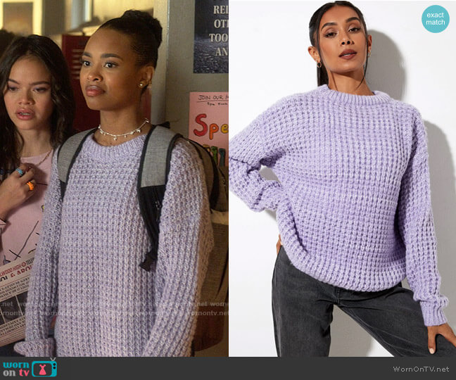 Motel Caribou Sweater in Chunky Knit Lilac and White worn by Faran Bryant (Zaria) on Pretty Little Liars Original Sin