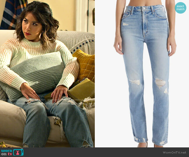 Mother Rider Skimp High Waist Straight Leg Jeans in The Confession worn by Maggie (Rebecca Rittenhouse) on Maggie