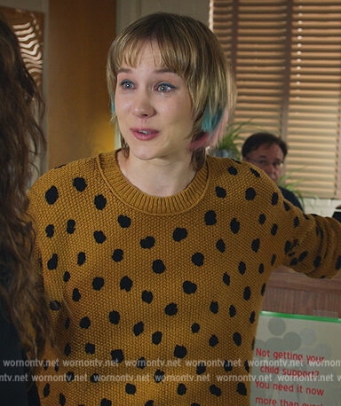 Spotted mustard sweater on All Rise