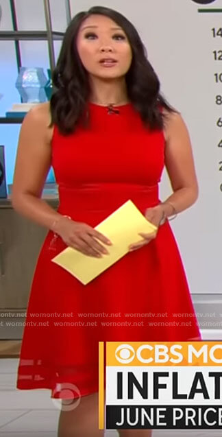 Nancy Chen’s red mesh striped dress on CBS Mornings