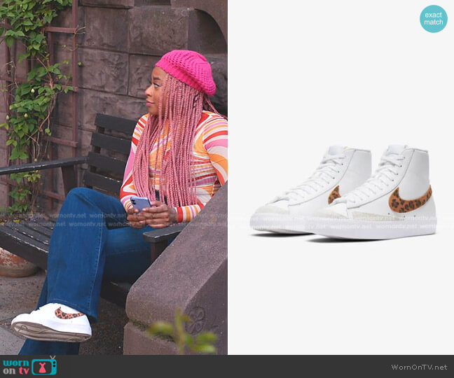 Nike Blazer Mid '77 Leopard sneakers worn by Phoebe (Phoebe Robinson) on Everythings Trash