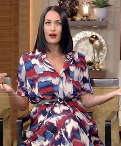 Nikki Bella’s abstract ikat print top and skirt on Live with Kelly and Ryan