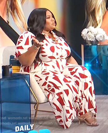 Nina's red printed top and pants on E! News Daily Pop
