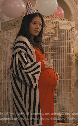 Nina's stripe trim cardigan on Only Murders in the Building