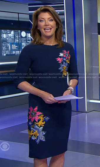 Norah's navy floral embroidered dress on CBS Evening News