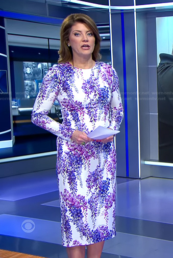Norah’s white floral print dress on CBS Evening News